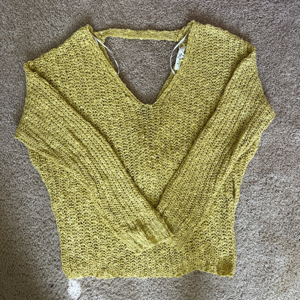 Love Tree Open Knit V-Neck Sweater in Mustard Yellow